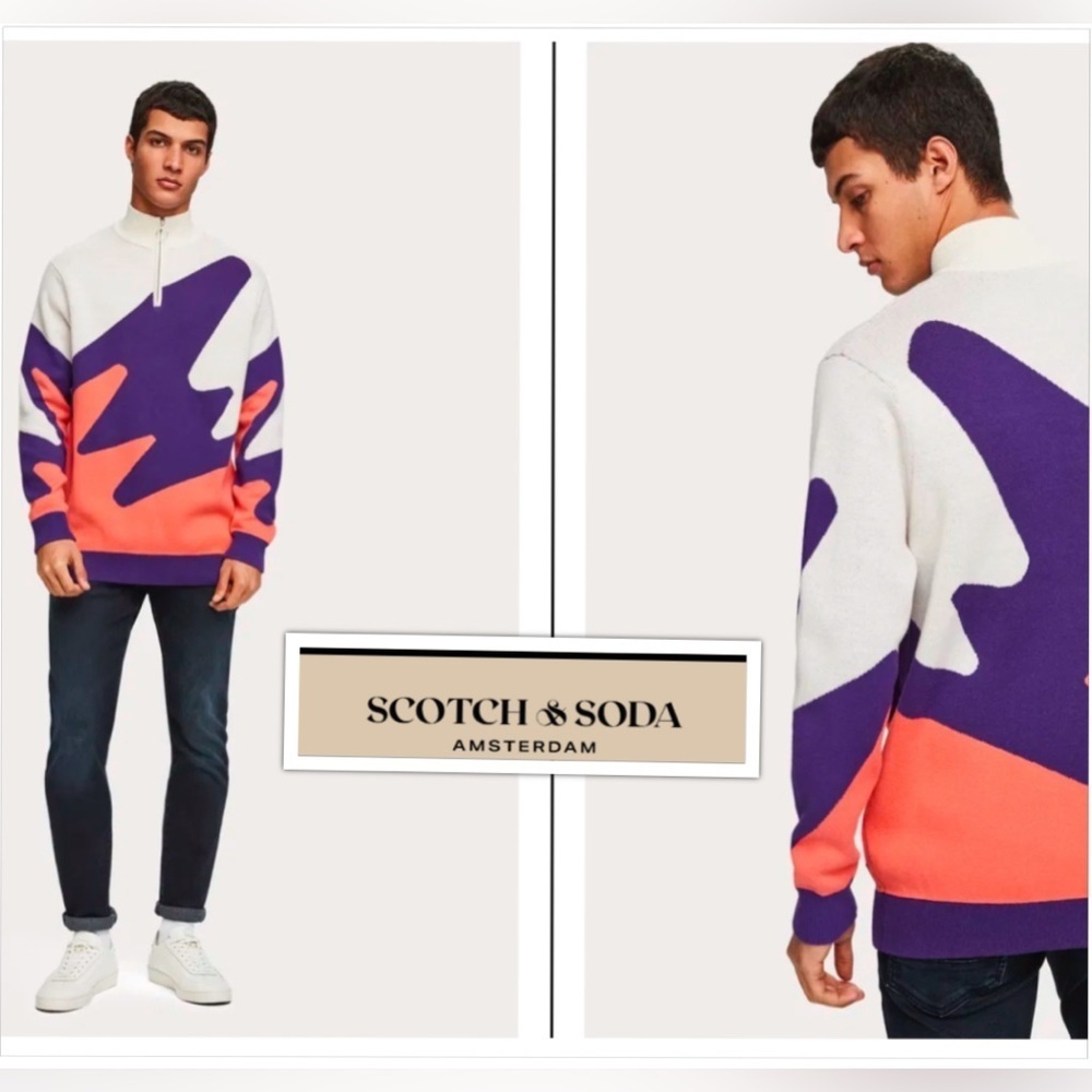 Scotch & Soda Men’s Colorblock Mock-Neck Sweater in White, Purple & Coral